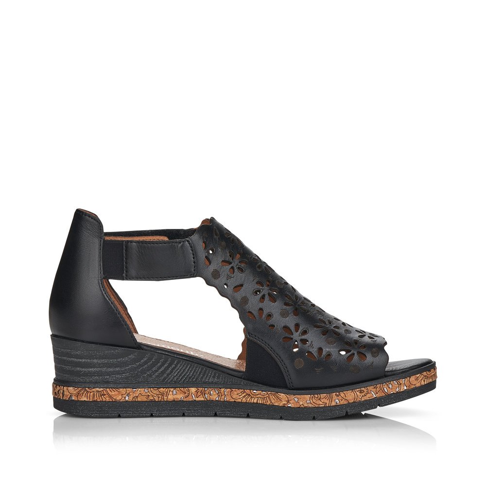 Black remonte women´s wedge sandals D3056-01 with hook and loop fastener. Shoe inside.