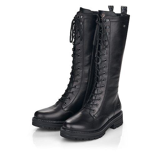Schwarze Stiefel warm gefüttert aus Glattleder mit Reißverschluss und Schnürung, wasserabweisendem Remonte TEX und Wechselfußbett. Schuhe seitlich schräg. 