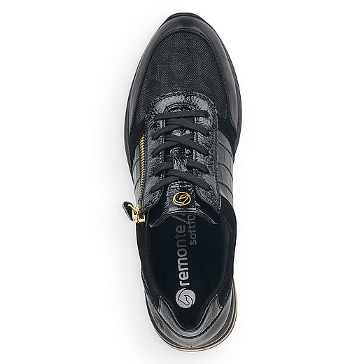Schwarze Halbschuhe aus Glattleder und Lederimitat mit Reißverschluss und Schnürung und Wechselfußbett. Schuh von oben. 