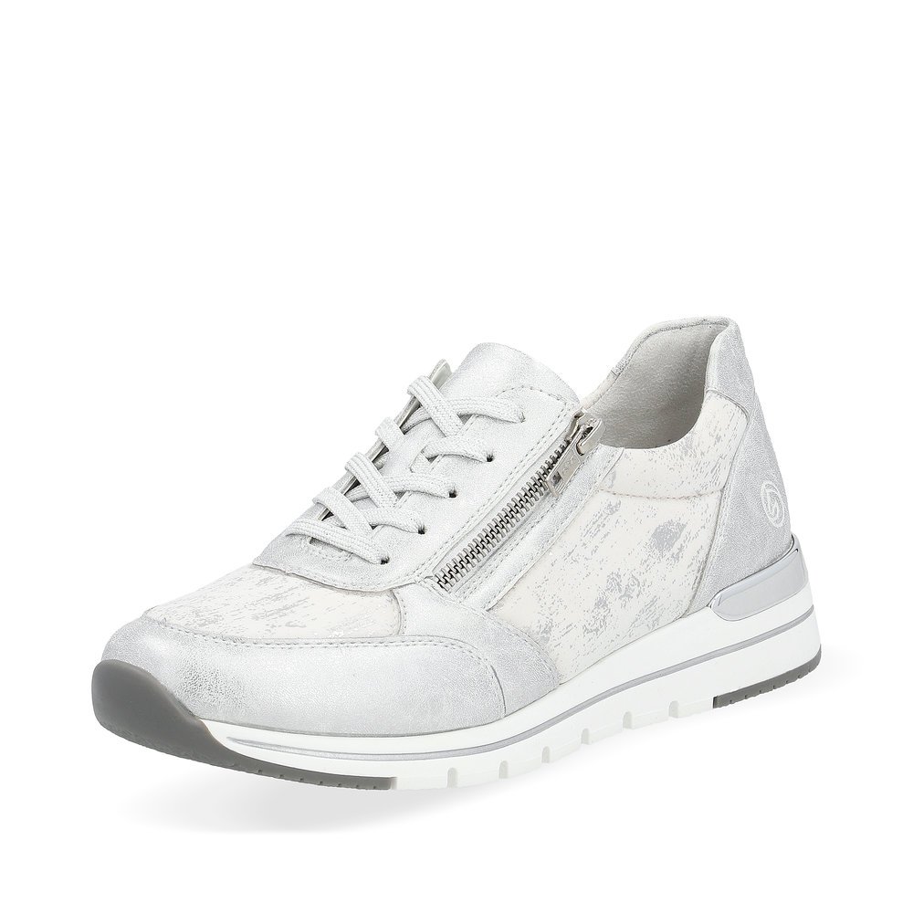 Silberne remonte Damen Sneaker R6700-91 mit einem Reißverschluss. Schuh seitlich schräg.