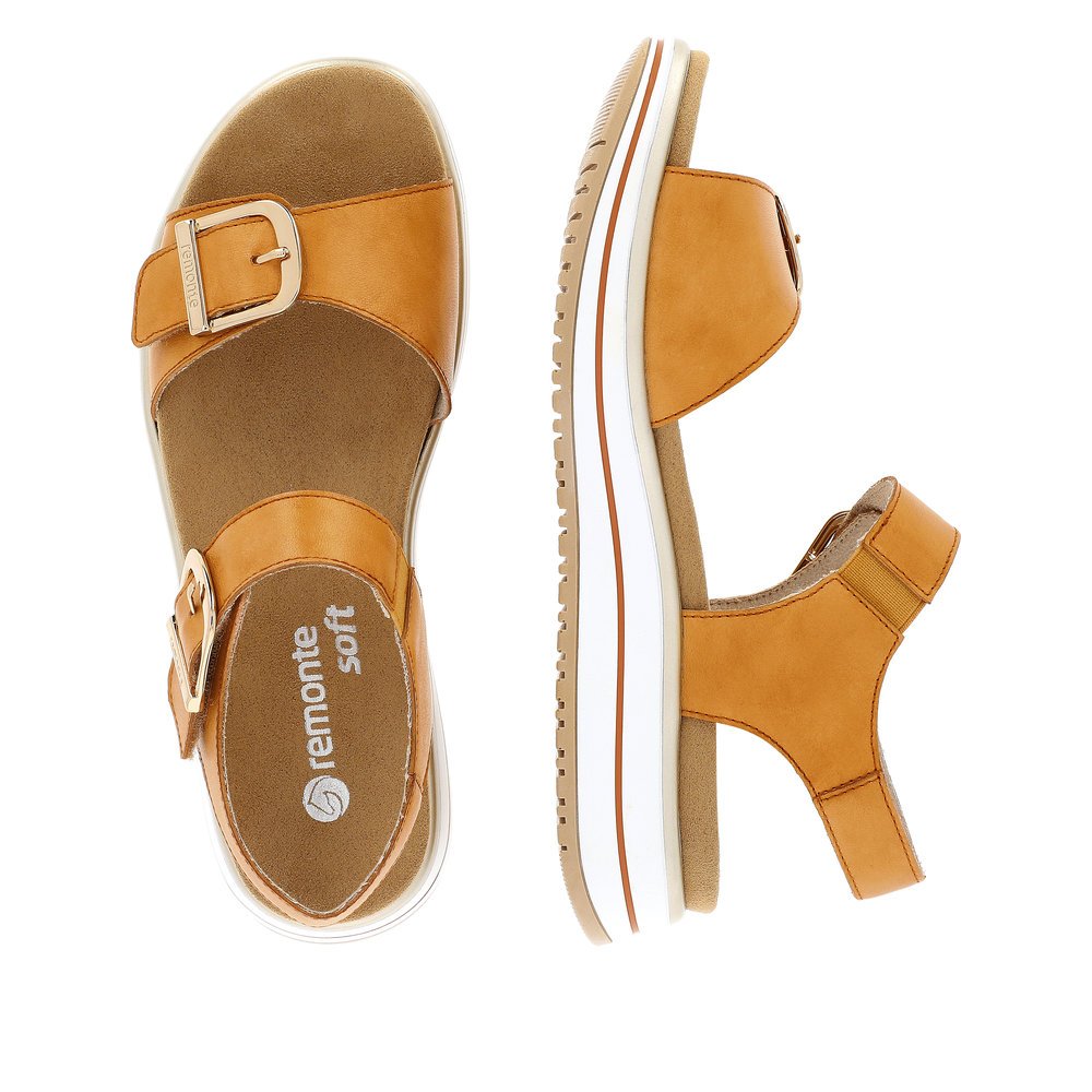 Saffron orange remonte women´s strap sandals D1J51-38 with hook and loop fastener. Shoe from the top, lying.