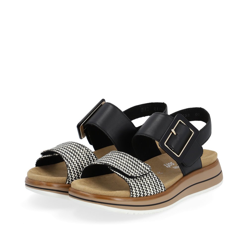 Jet black remonte women´s strap sandals D1J53-03 with hook and loop fastener. Shoes laterally.