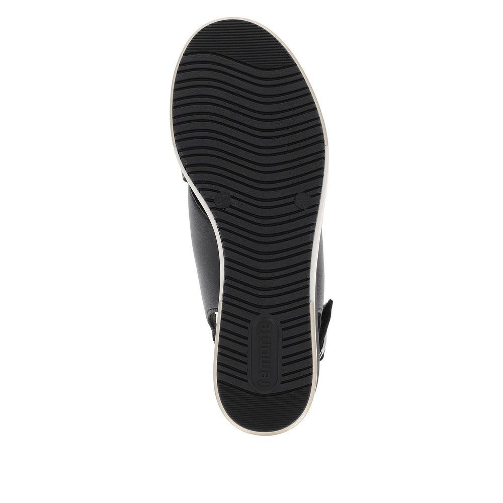 Night black remonte women´s wedge sandals D1P53-00 with a hook and loop fastener. Outsole of the shoe.