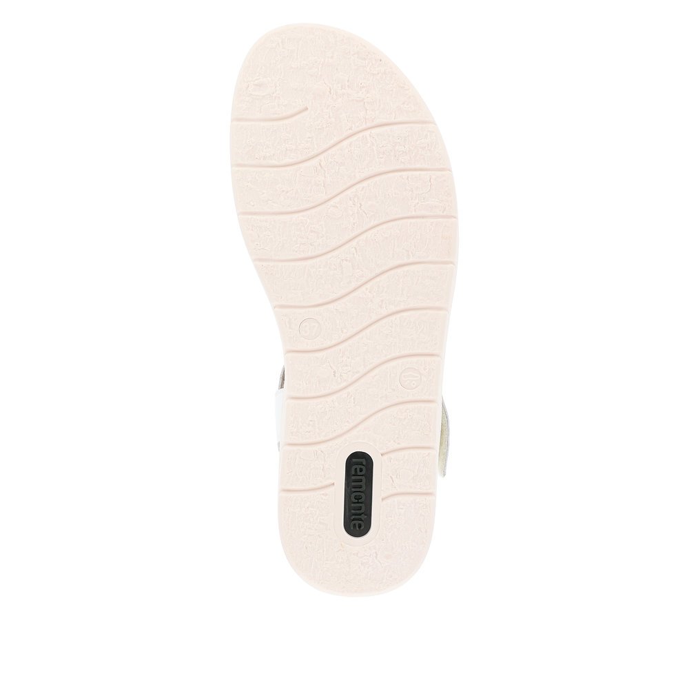 Sparkling white remonte women´s strap sandals D2049-83 with hook and loop fastener. Outsole of the shoe.