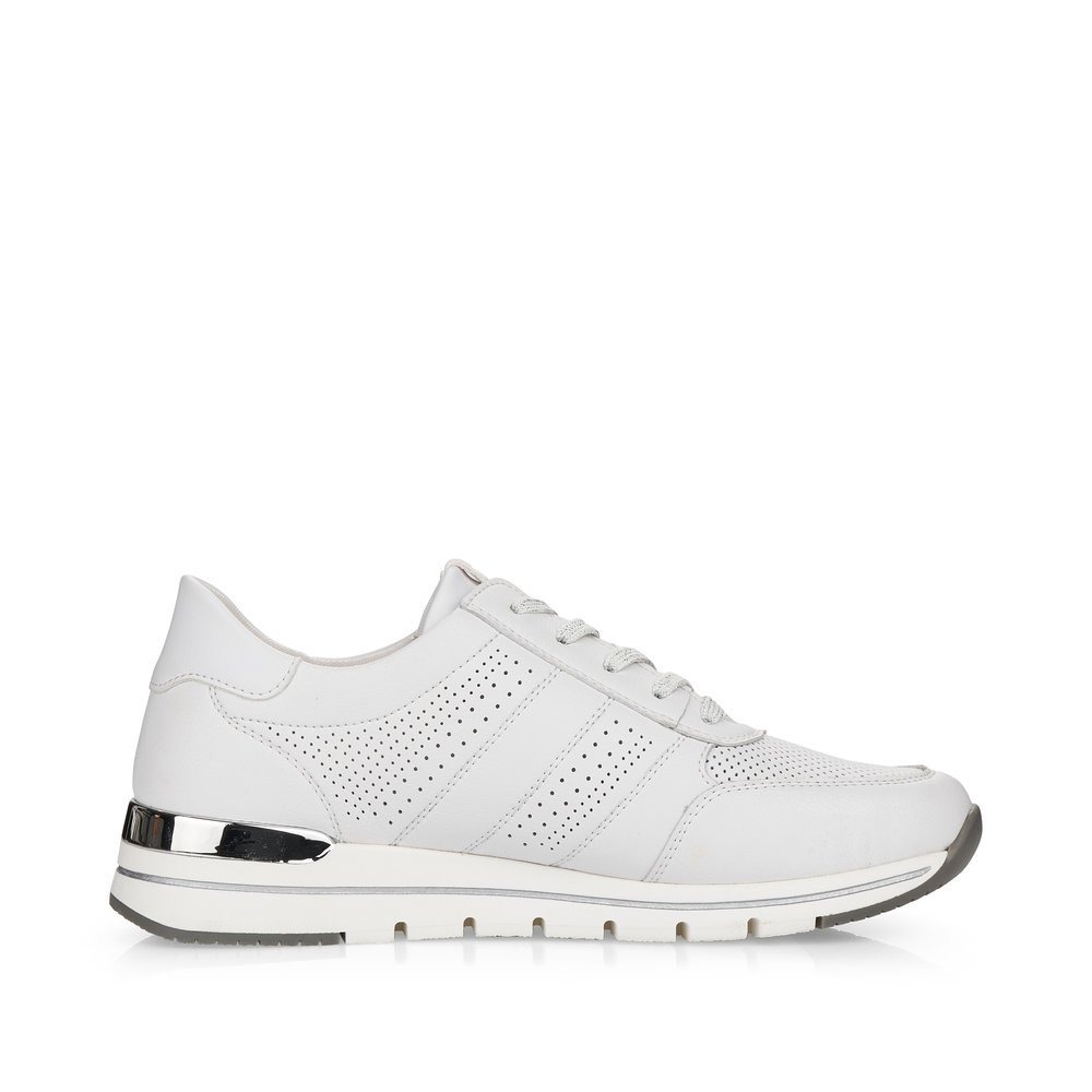 Pure white remonte women´s sneakers R6705-80 with zipper and comfort width G. Shoe inside.