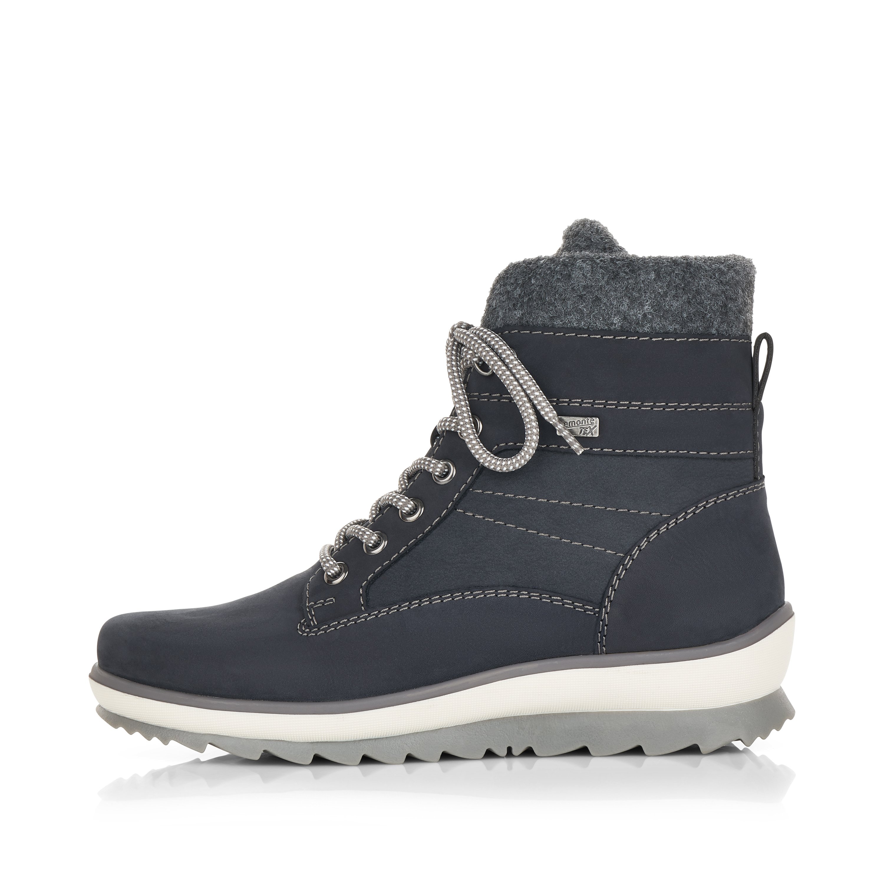 Dark blue remonte women´s lace-up boots R8477-14 with cushioning profile sole. The outside of the shoe