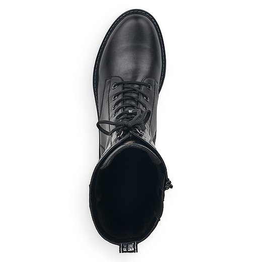 Schwarze Stiefel warm gefüttert aus Glattleder mit Reißverschluss und Schnürung, wasserabweisendem Remonte TEX und Wechselfußbett. Schuh von oben. 