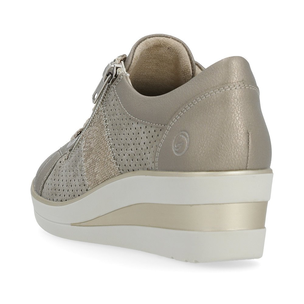 Grey beige remonte women´s sneakers R7219-90 with a zipper and perforated look. Shoe from the back.