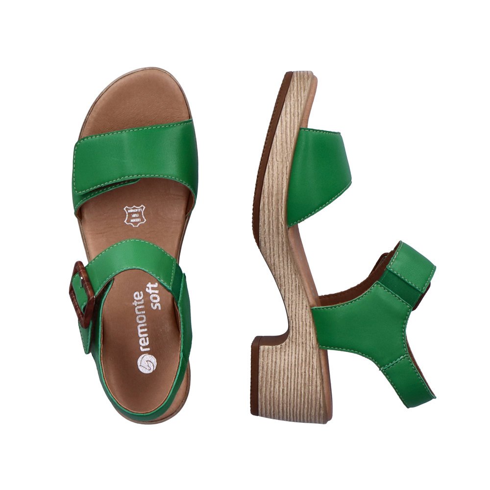 Emerald green remonte women´s strap sandals D0N52-52 with a hook and loop fastener. Shoe from the top, lying.