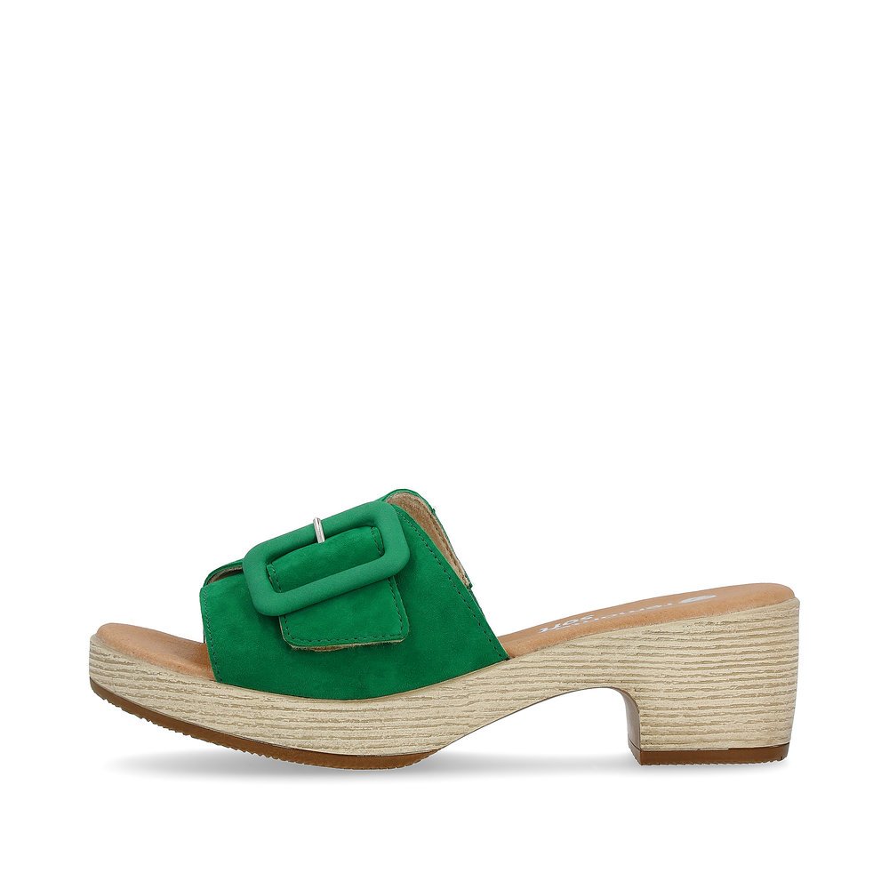 Emerald green remonte women´s mules D0N56-52 with hook and loop fastener. Outside of the shoe.