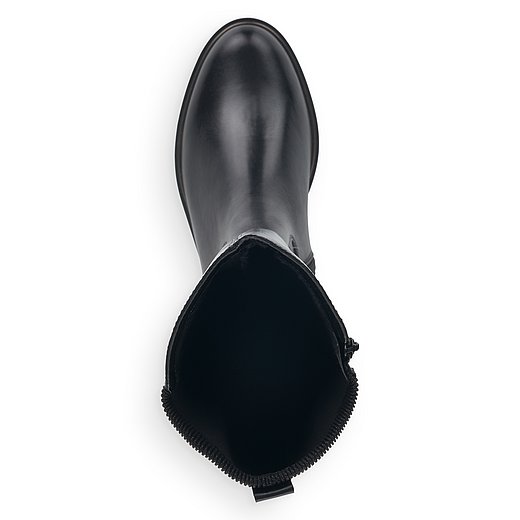 Schwarze Stiefel aus Glattleder mit Reißverschluss und Wechselfußbett. Schuh von oben. 