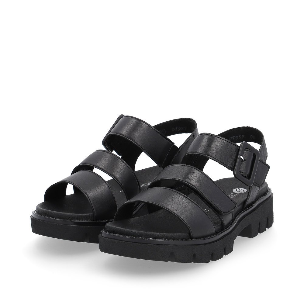 Black remonte women´s strap sandals D7957-00 with hook and loop fastener. Shoes laterally.