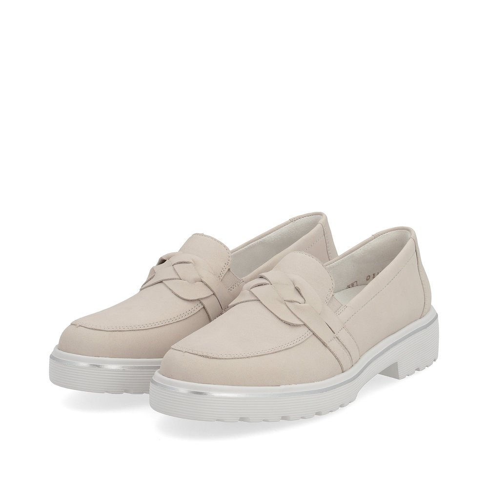 Beige grey remonte women´s loafers D1H01-40 with elastic insert and braided strap. Shoes laterally.