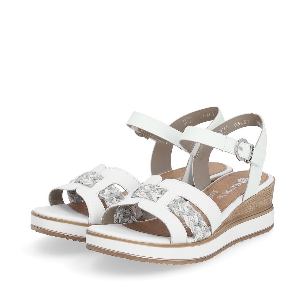 White remonte women´s wedge sandals D6461-80 with hook and loop fastener. Shoes laterally.
