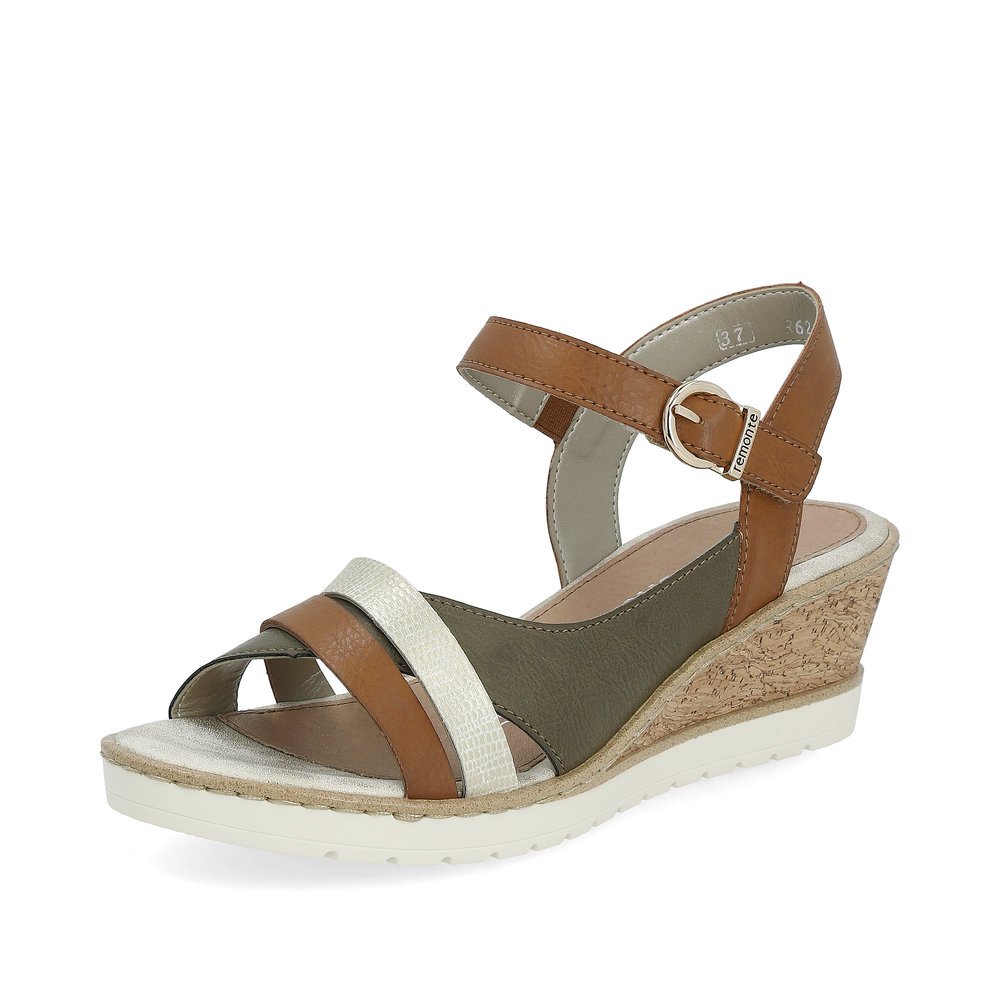 Brown remonte women´s wedge sandals R6263-24 with hook and loop fastener. Shoe laterally.