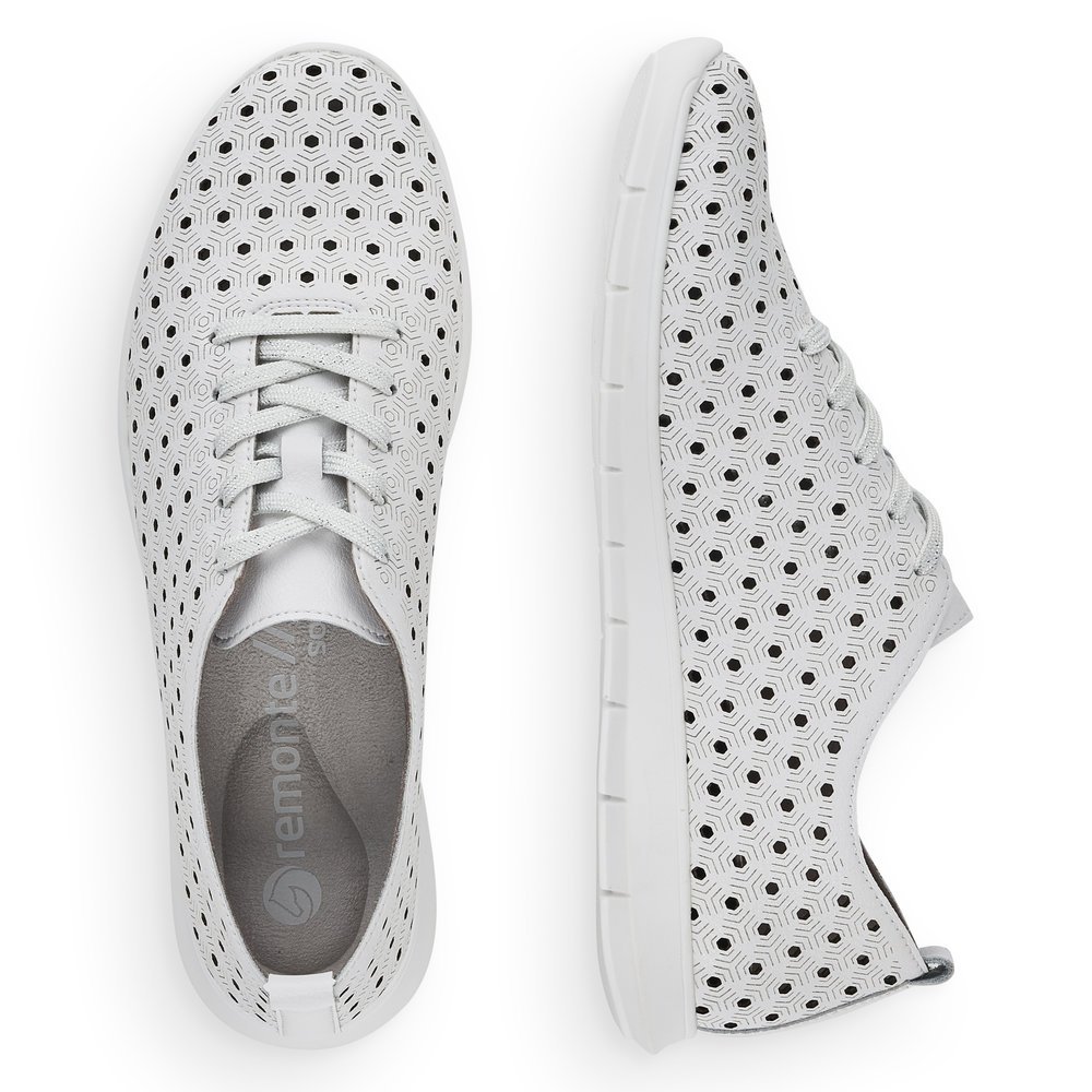 White remonte women´s lace-up shoes R7101-80 with perforated look. Shoe from the top, lying.