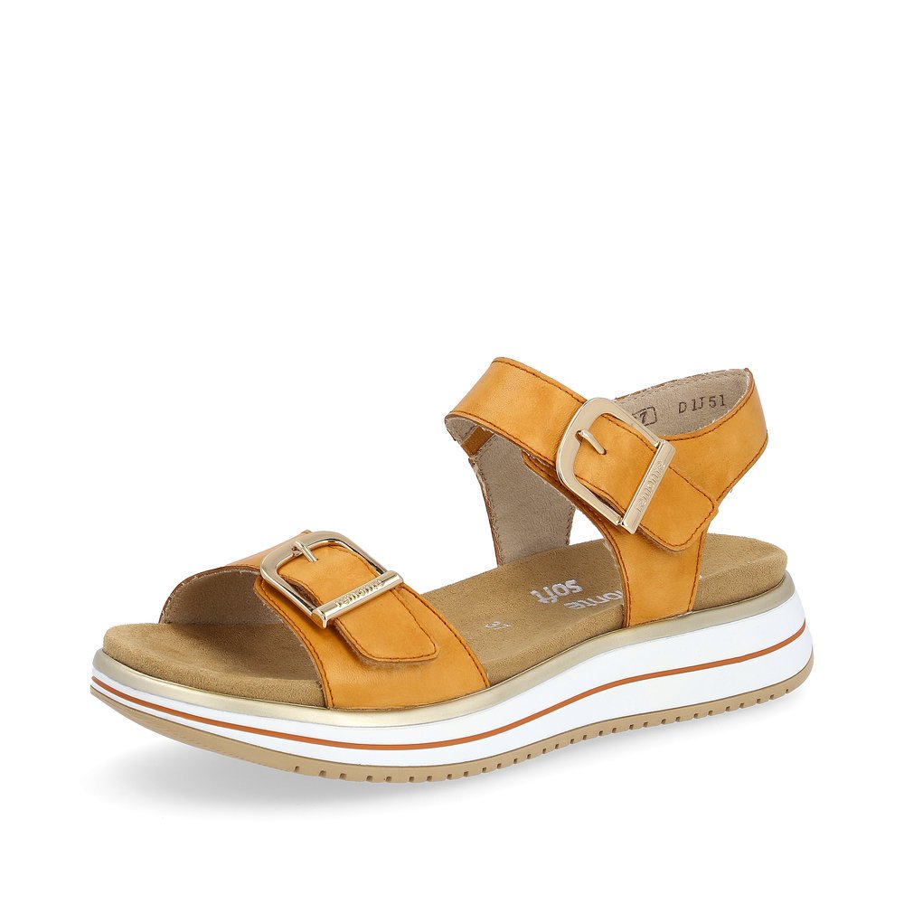 Saffron orange remonte women´s strap sandals D1J51-38 with hook and loop fastener. Shoe laterally.