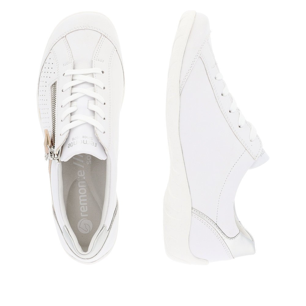 Pure white remonte women´s lace-up shoes R3411-81 with a zipper and comfort width G. Shoe from the top, lying.