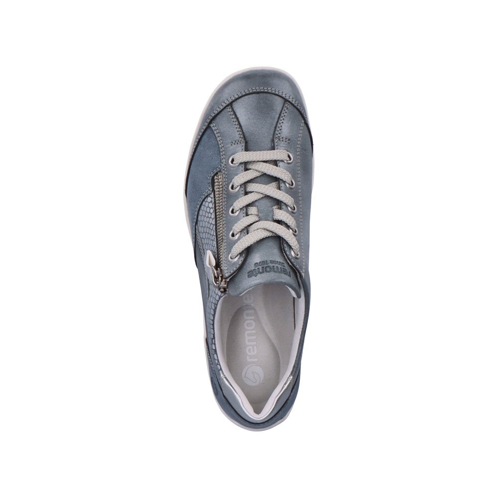 Pacific blue remonte women´s lace-up shoes R3410-14 with zipper and white pattern. Shoe from the top.