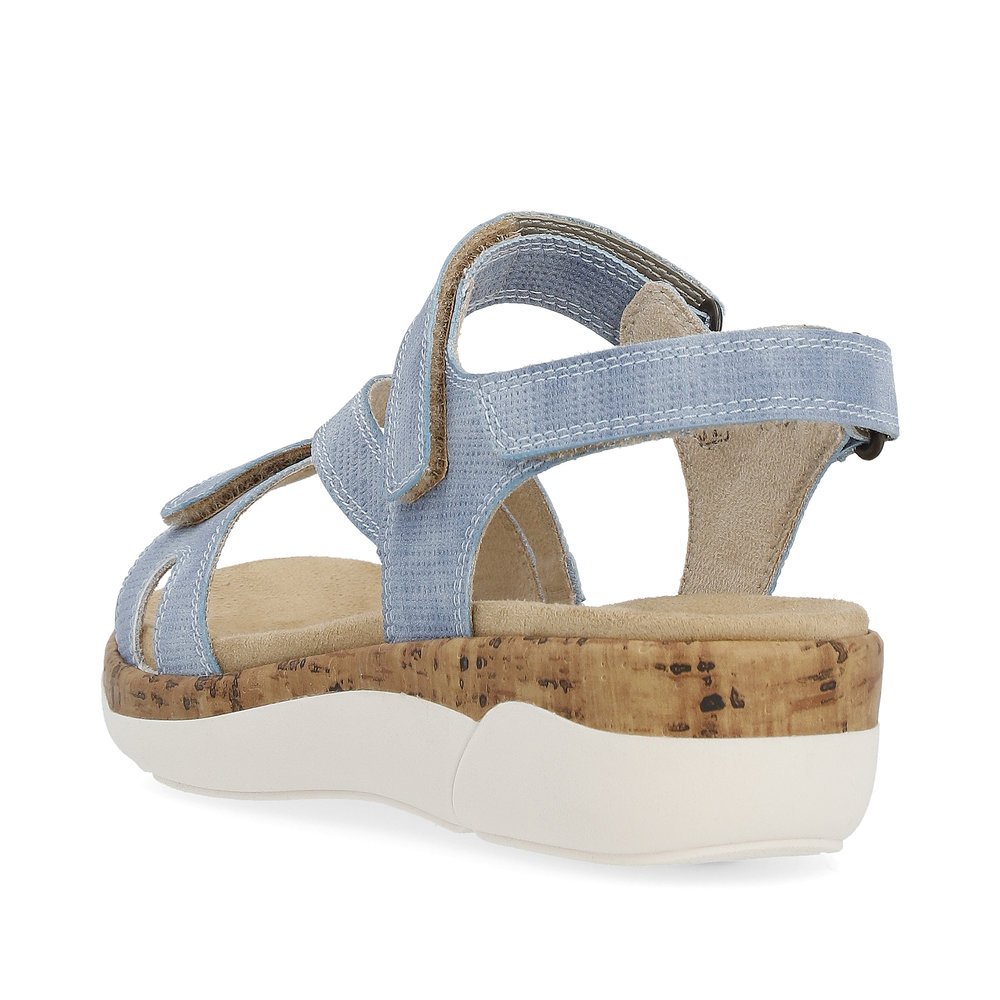 Ice blue remonte women´s strap sandals R6850-15 with hook and loop fastener. Shoe from the back.