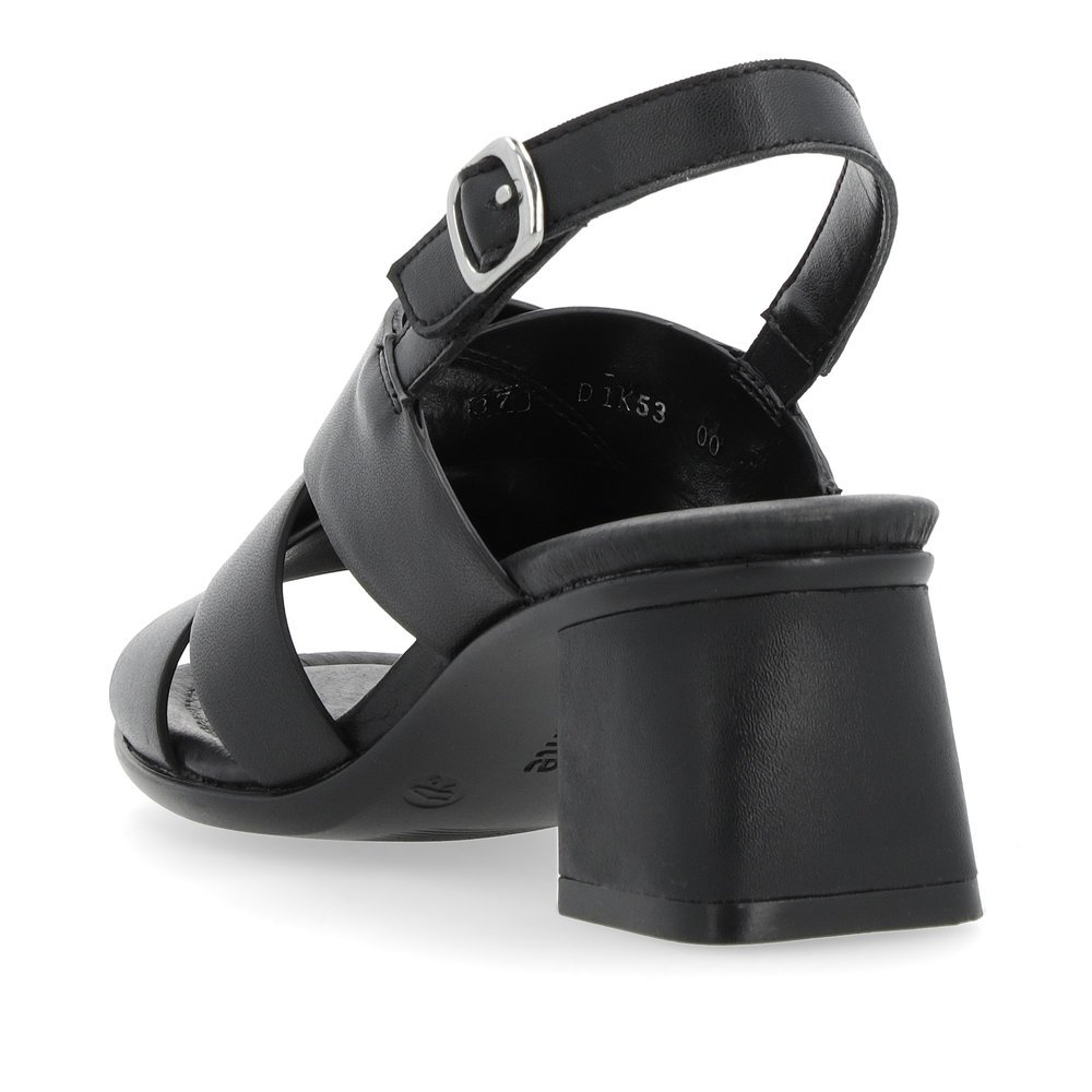 Black remonte women´s strap sandals D1K53-00 with a hook and loop fastener. Shoe from the back.