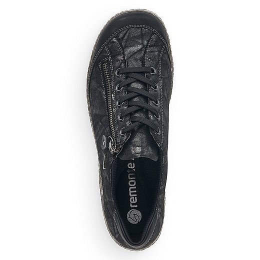 Schwarze Halbschuhe aus Lederimitat mit Reißverschluss und Schnürung, wasserabweisendem Remonte TEX und Wechselfußbett. Schuh von oben. 