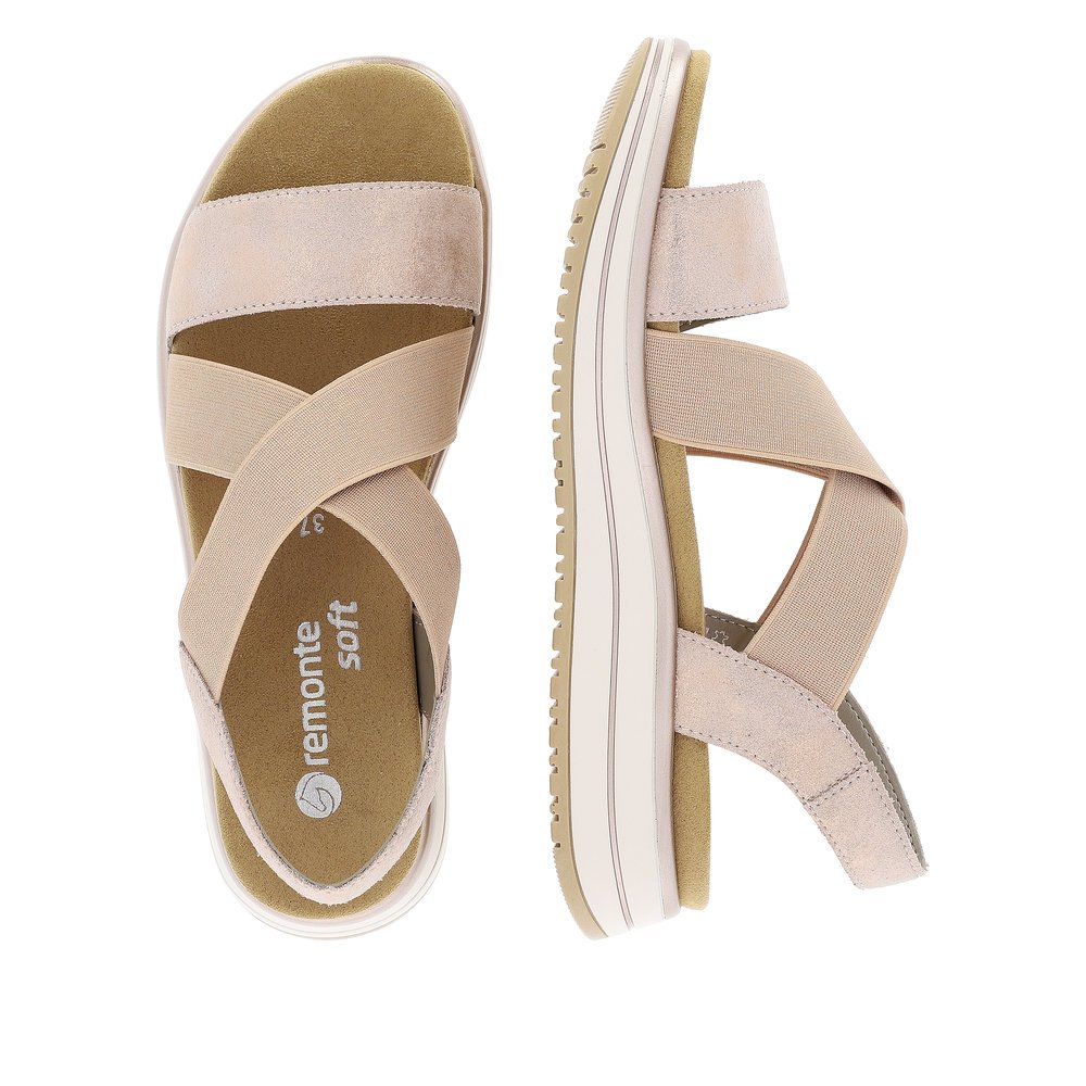 Pink remonte women´s strap sandals D1J50-31 with an elastic insert. Shoe from the top, lying.