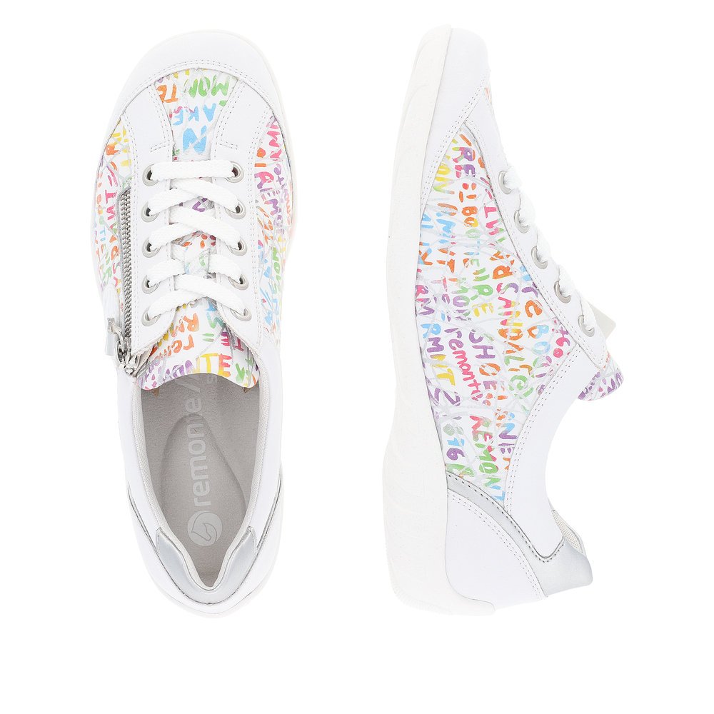 White remonte women´s lace-up shoes R3408-81 with a zipper and multicolored pattern. Shoe from the top, lying.