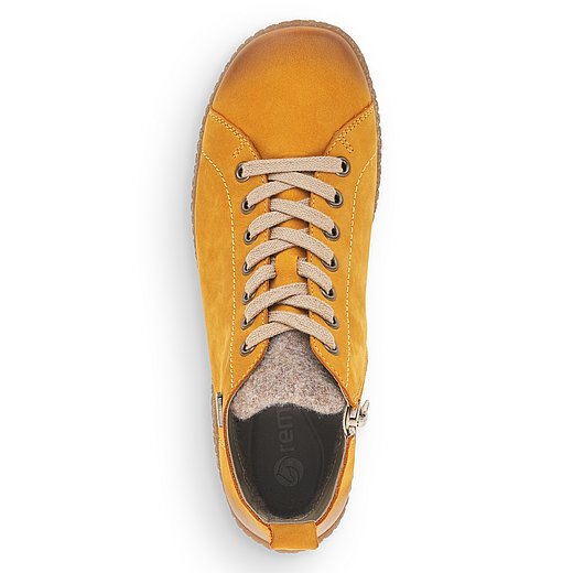 Gelbe Stiefeletten aus Rauhleder mit Reißverschluss und Schnürung, wasserabweisendem Remonte TEX und Wechselfußbett. Schuh von oben. 