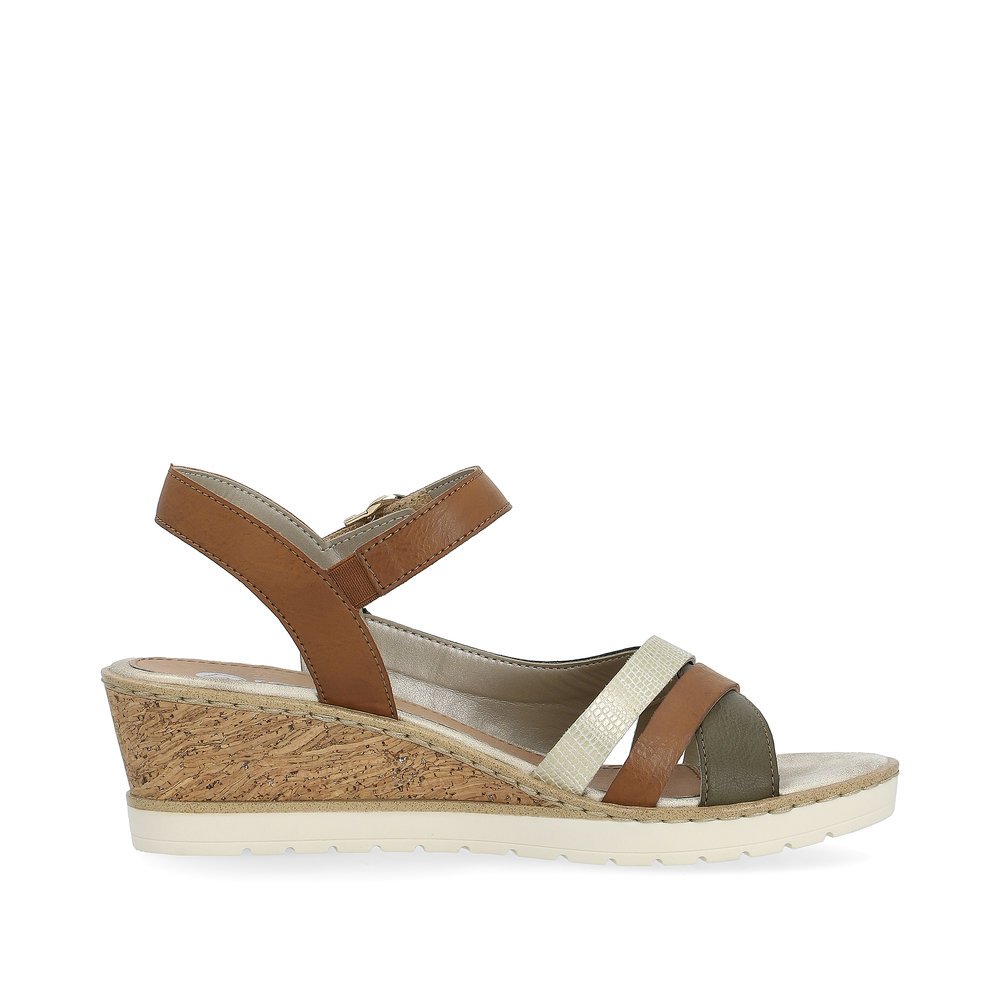 Brown remonte women´s wedge sandals R6263-24 with hook and loop fastener. Shoe inside.