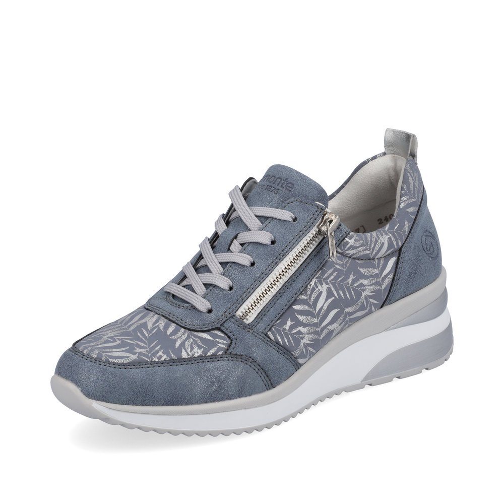 Blue remonte women´s sneakers D2401-10 with a zipper and tropical pattern. Shoe laterally.