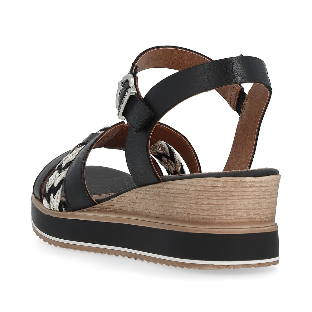 Black remonte women´s wedge sandals D6461-02 with hook and loop fastener. Shoe from the back.