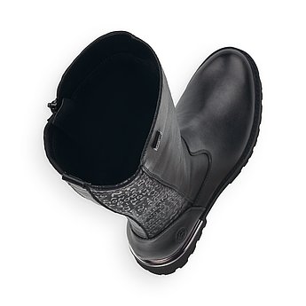 Schwarze Stiefel leicht wärmend aus Glattleder mit Reißverschluss, wasserabweisendem Remonte TEX, Stretch-Einsatz im Wadenbereich und Wechselfußbett. Schuhe Innenseite.