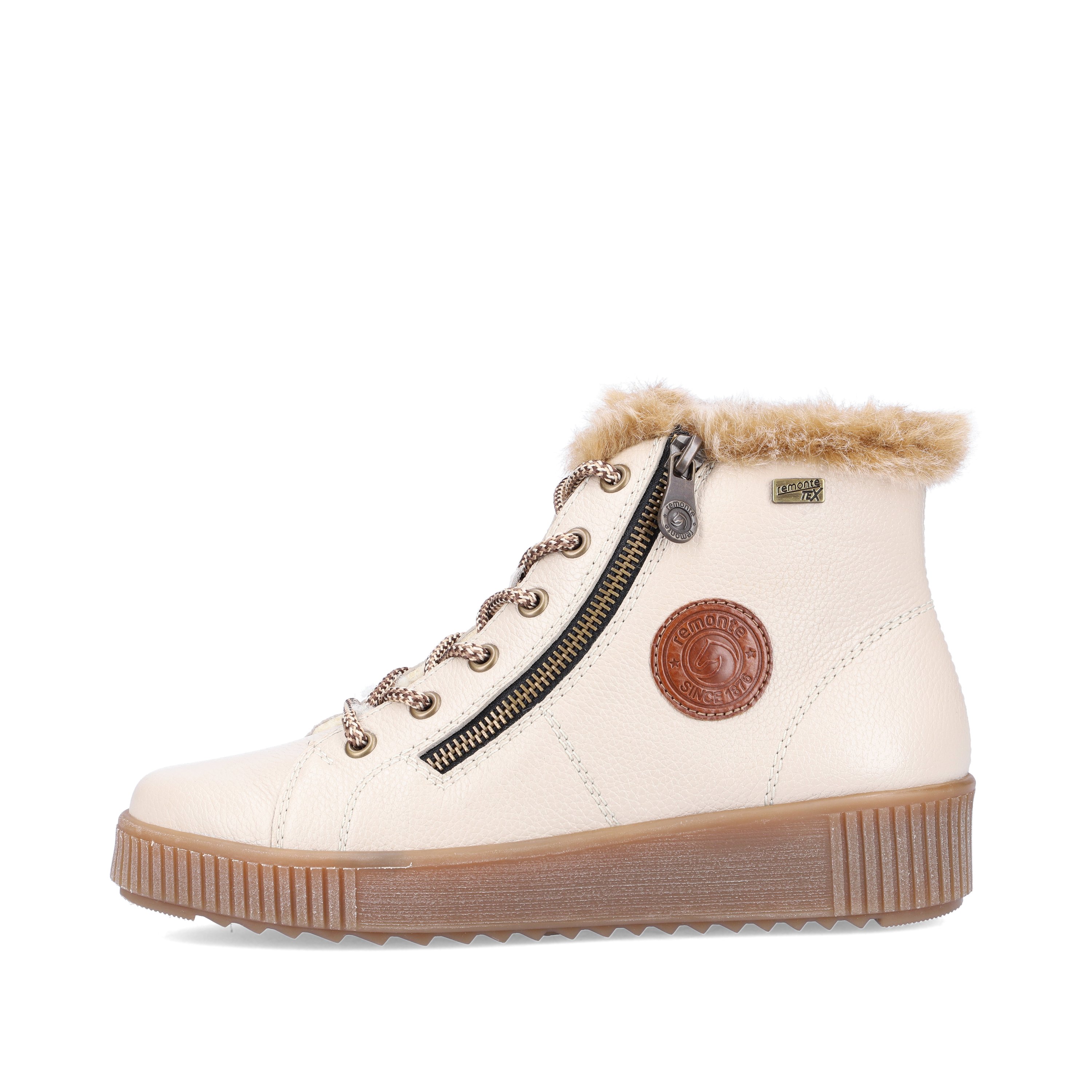 Cinnamon white remonte women´s lace-up boots R7980-80 with lacing and zipper. The outside of the shoe