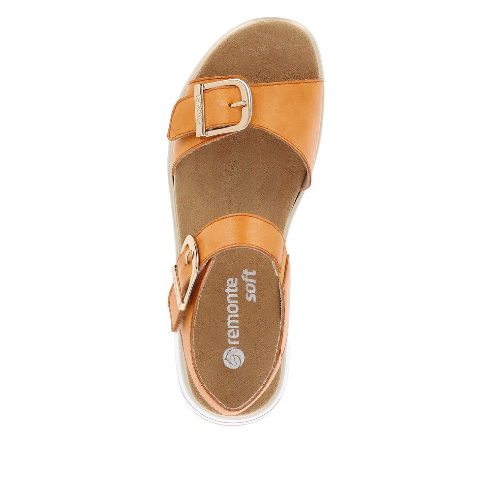 Saffron orange remonte women´s strap sandals D1J51-38 with hook and loop fastener. Shoe from the top.