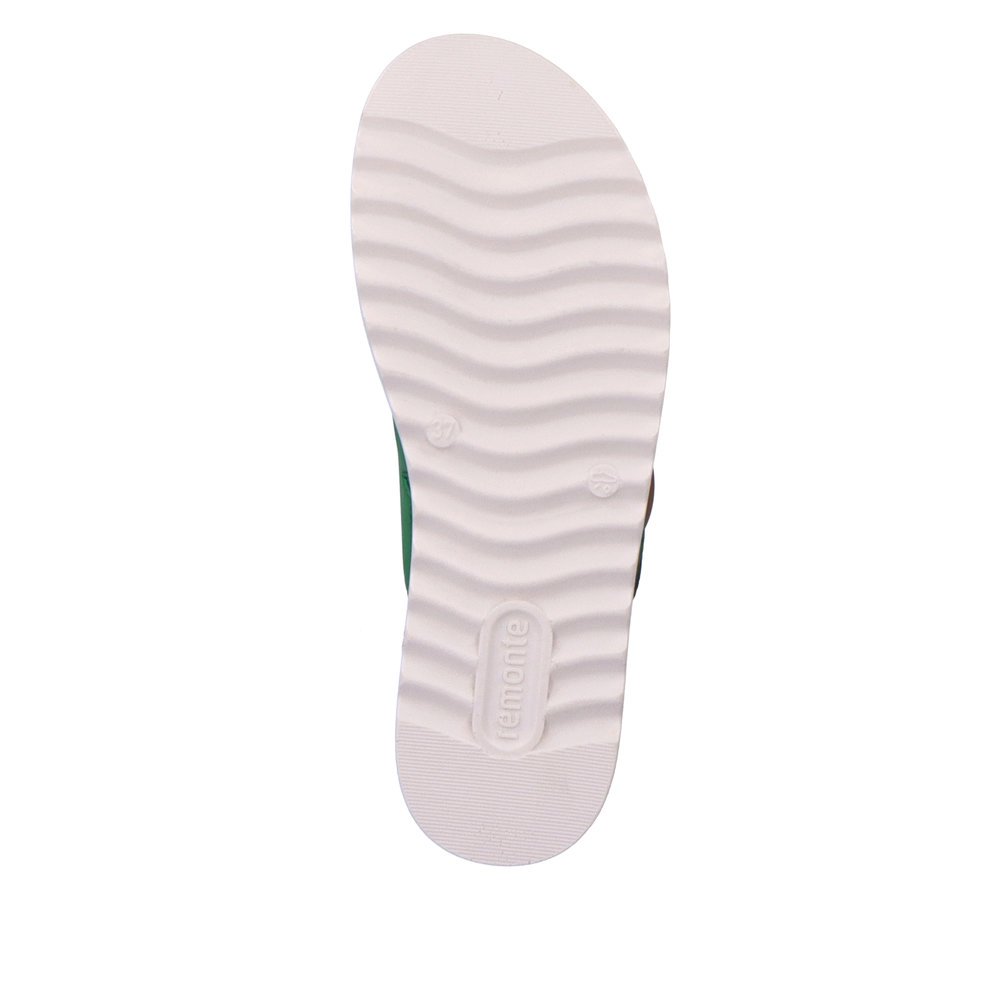 Emerald green remonte women´s mules D0Q51-52 with a hook and loop fastener. Outsole of the shoe.