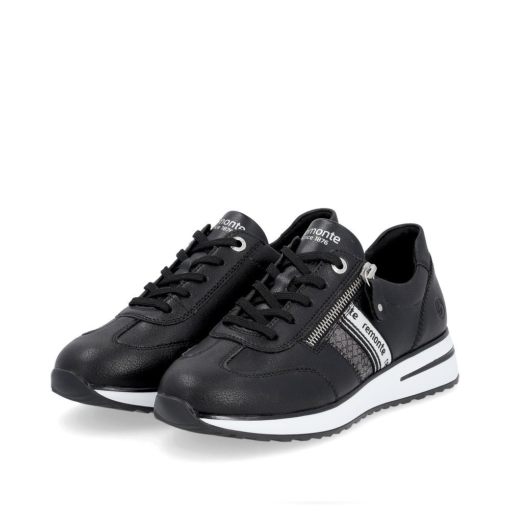 Black remonte women´s sneakers D1G02-02 with zipper and a soft exchangeable footbed. Shoes laterally.