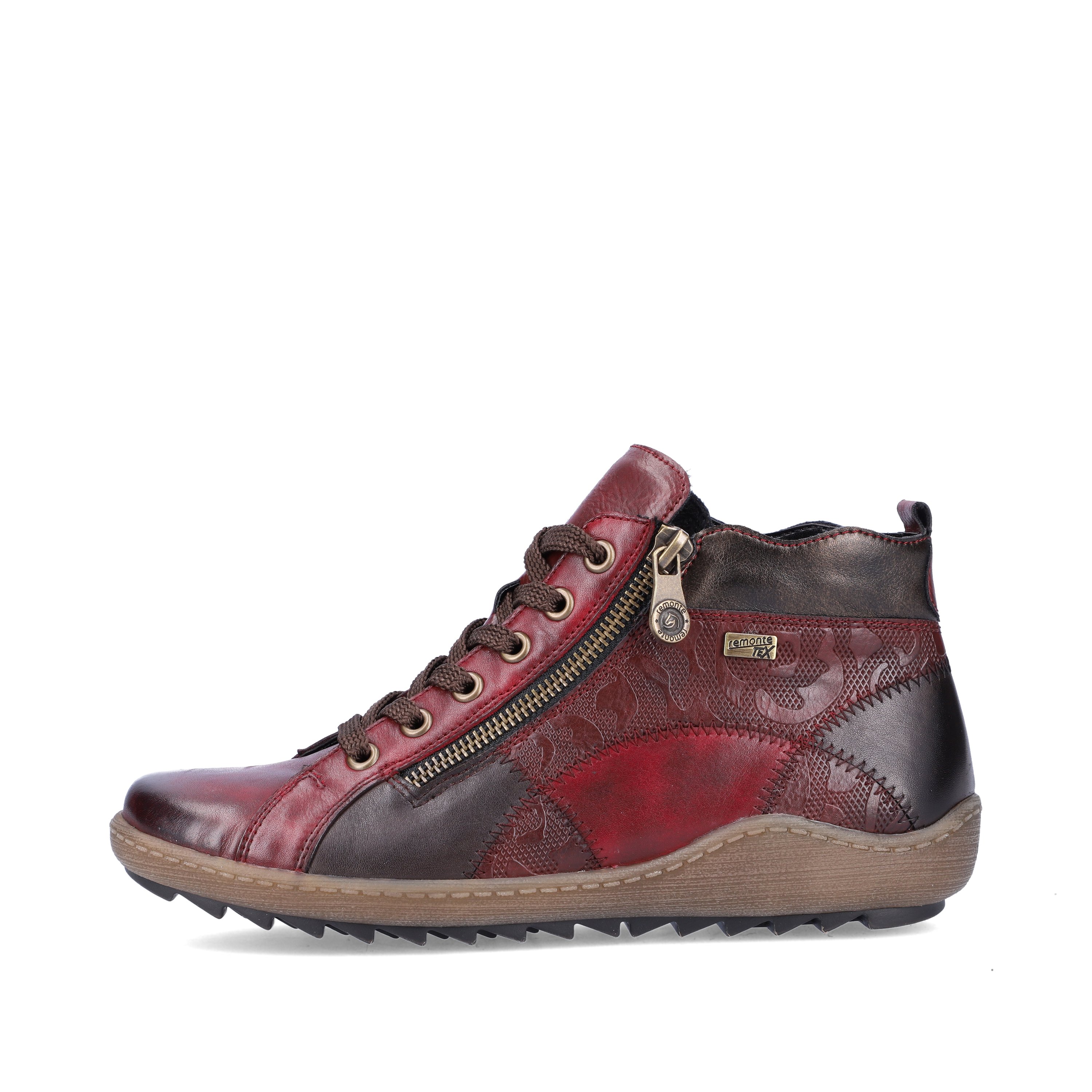 Raspberry red remonte women´s lace-up shoes R1467-35 with lacing and zipper. The outside of the shoe