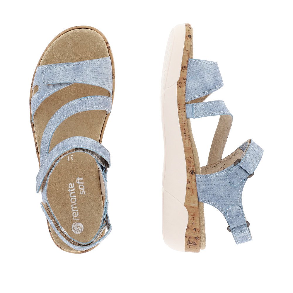 Ice blue remonte women´s strap sandals R6850-15 with hook and loop fastener. Shoe from the top, lying.