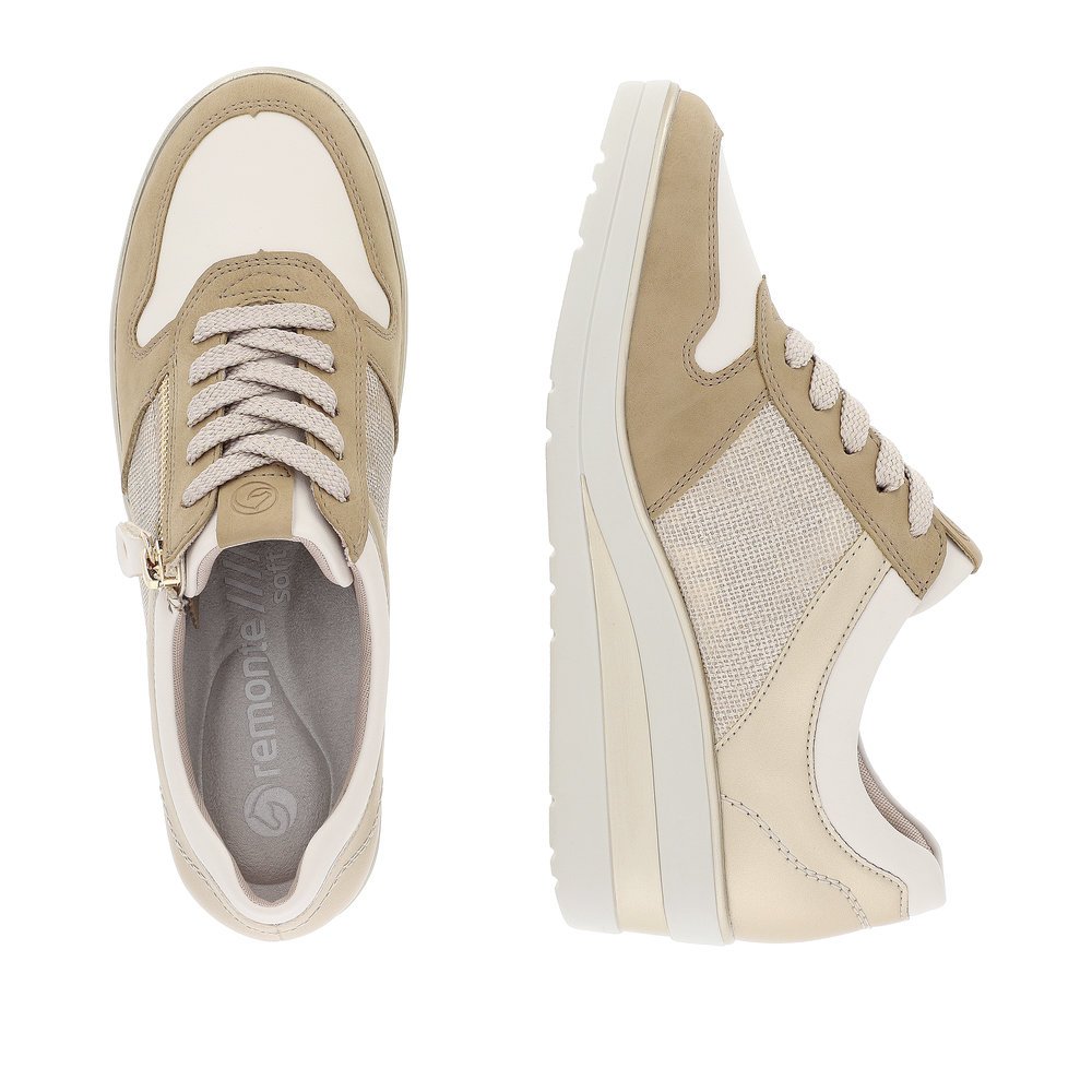 Beige remonte women´s sneakers R7213-62 with zipper and extra width H. Shoe from the top, lying.