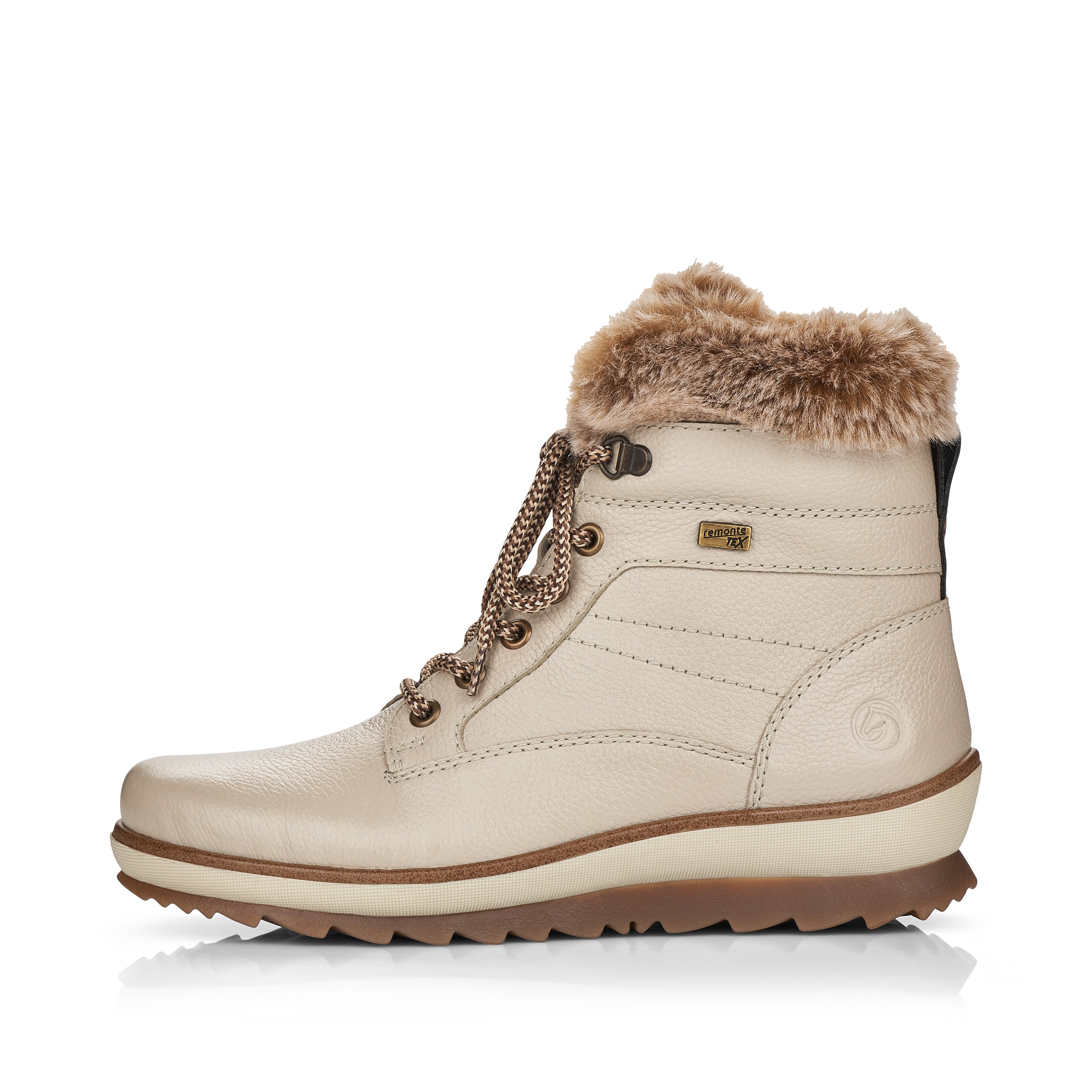Brown beige remonte women´s lace-up boots R8477-60 with cushioning profile sole. The outside of the shoe