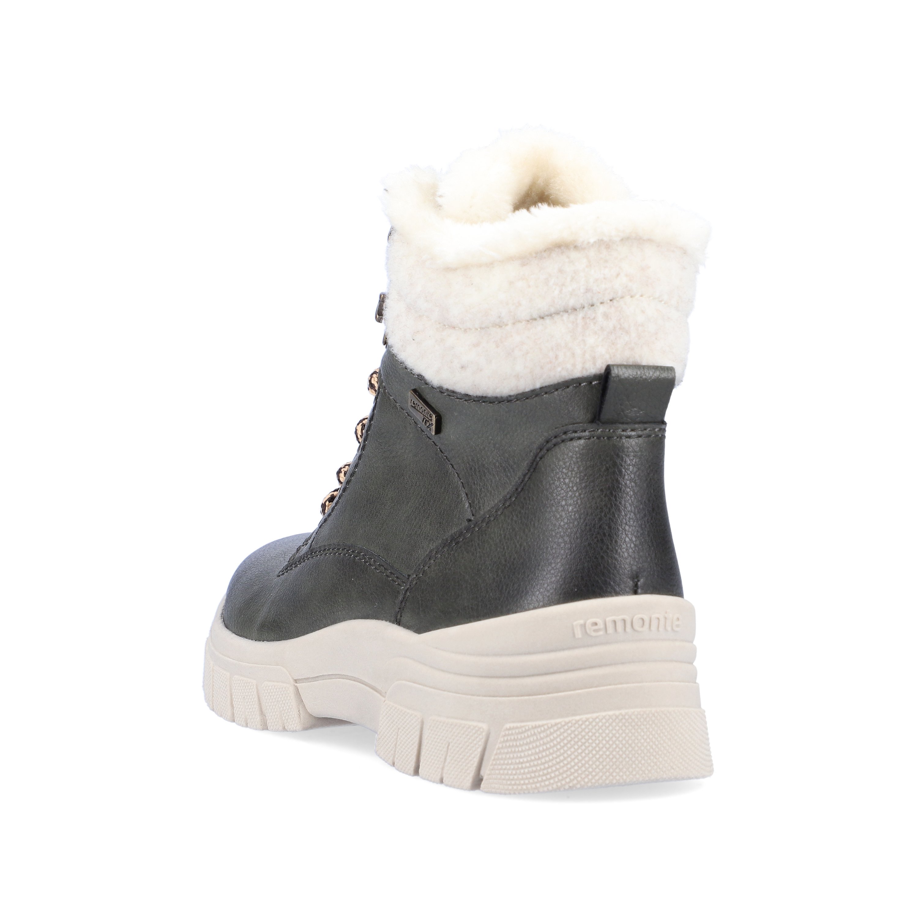 Green-grey remonte women´s lace-up boots D0E71-52 with light profile sole. Shoe from the back