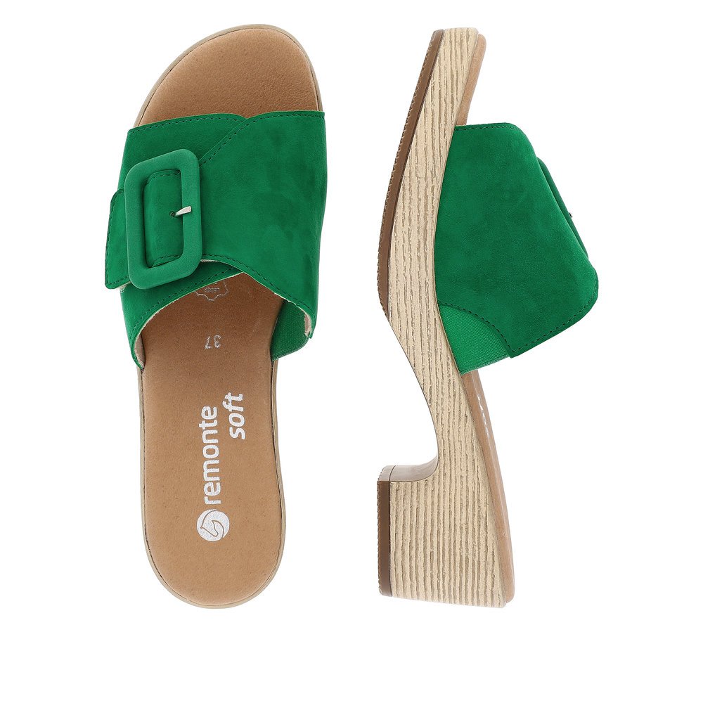 Emerald green remonte women´s mules D0N56-52 with hook and loop fastener. Shoe from the top, lying.