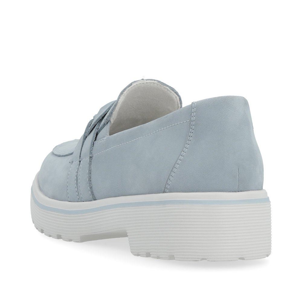 Blue remonte women´s loafers D1H01-12 with elastic insert and braided strap. Shoe from the back.