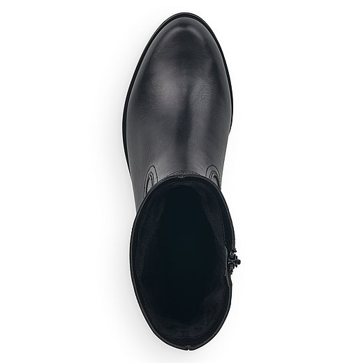 Schwarze Stiefeletten leicht wärmend aus Glattleder mit Reißverschluss und Wechselfußbett. Schuh von oben. 
