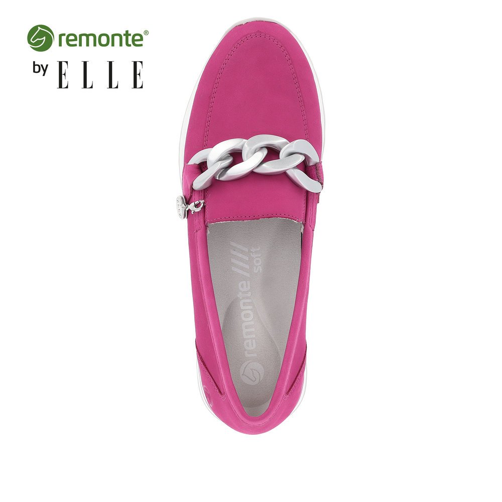 Pink remonte women´s loafers R2544-32 with silver chain. Shoe from the top.