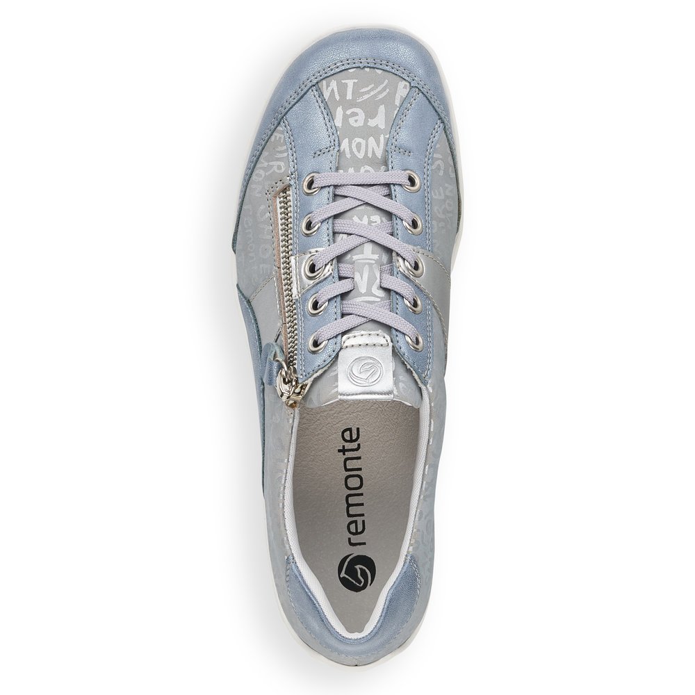 Blue remonte women´s lace-up shoes R3403-14 with a zipper and text pattern. Shoe from the top.