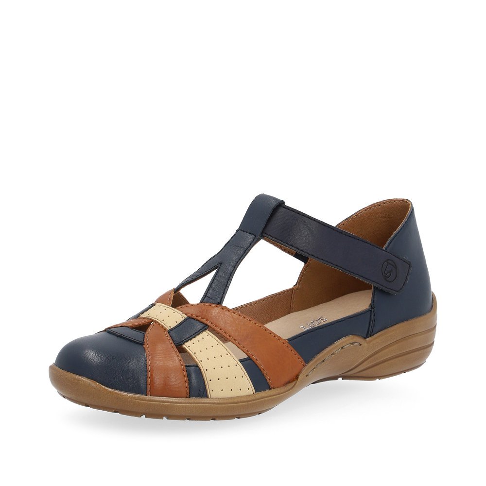 Navy blue remonte women´s strap sandals R7601-14 with a hook and loop fastener. Shoe laterally.