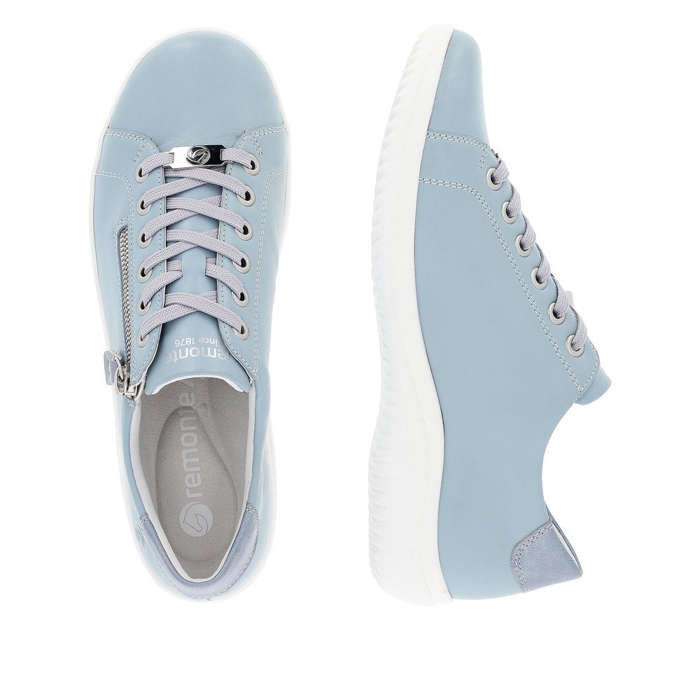 Baby blue remonte women´s lace-up shoes D1E03-10 with a zipper and comfort width G. Shoe from the top, lying.