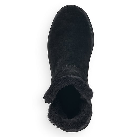 Schwarze Stiefeletten warm gefüttert aus Veloursleder mit Reißverschluss, Lite'n Soft Technologie, ultraleichter und rutschfester Laufsohle, extra weicher Komfort Einlegesohle und Wechselfußbett. Schuh von oben. 